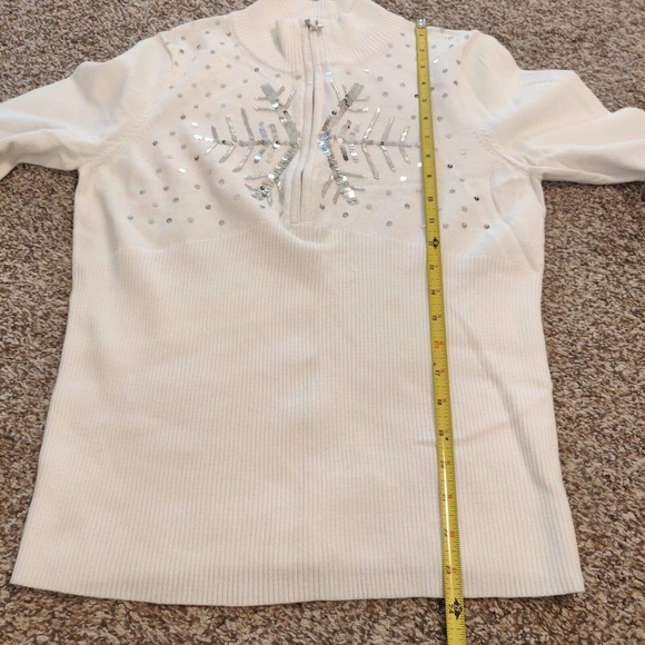 Monroe & Main Women's Sweater White Half Zip Sequin Snowflake Christmas LArge - Picture 5 of 5